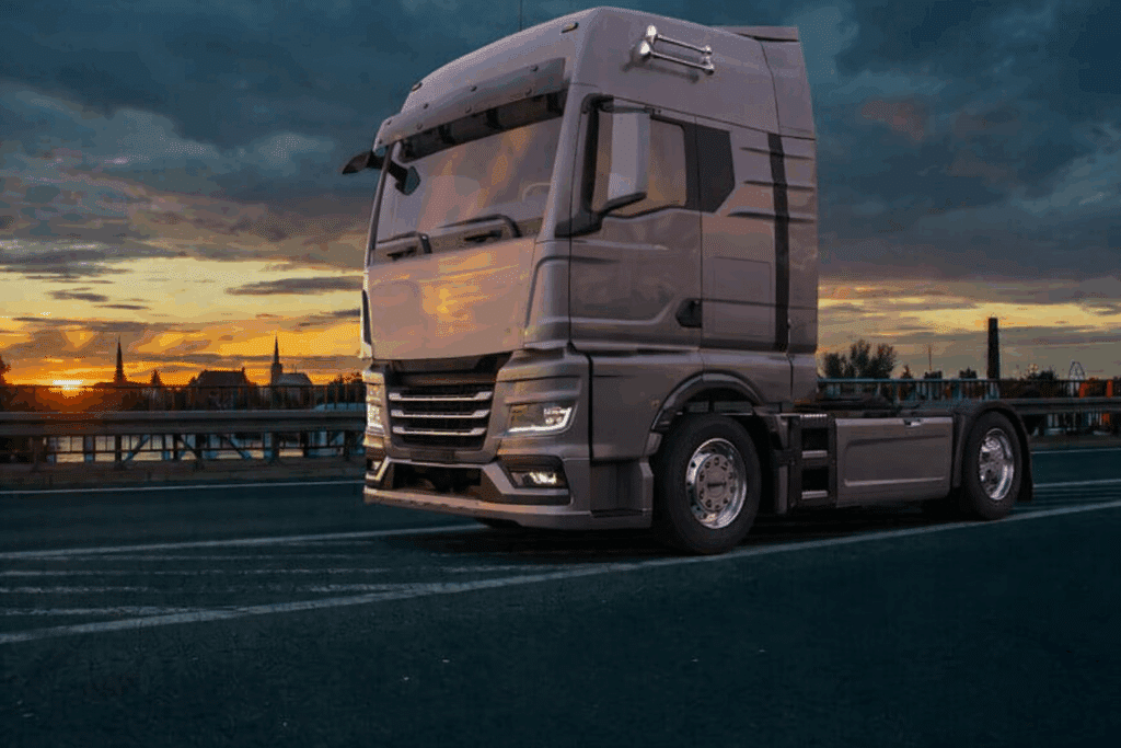 Camion tracteur puissant sur route au coucher de soleil. Tracteur routier moderne gris sous un coucher de soleil spectaculaire. Le camion est sur un pont avec une silhouette de ville à l'horizon.